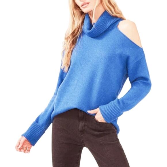 1.State Sweater Women's Medium Blue Turtleneck Cold Shoulder Pullover Cozy Top - Picture 1 of 9